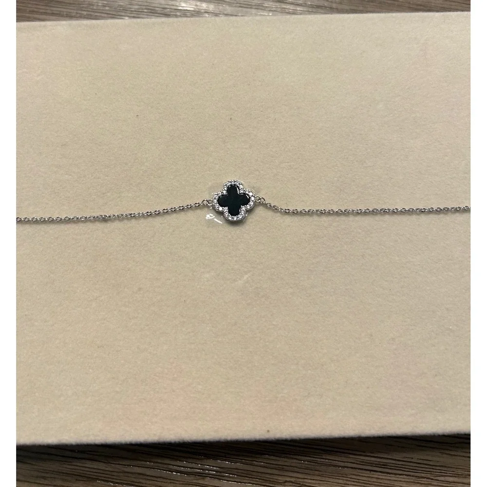 Black Agate Four Leaf Bracelet CZ Halo 925 Sterling Silver Adjustable
